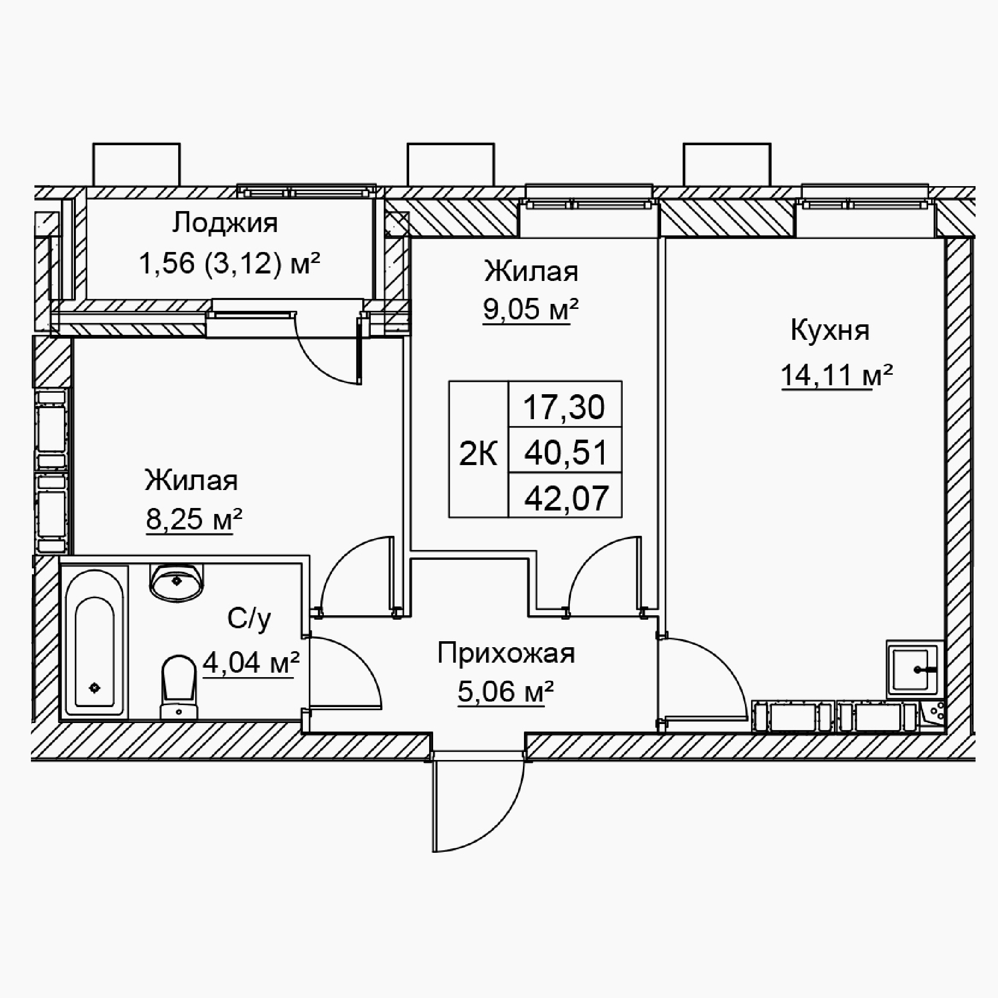 Квартира 176, 2(секция1,2,3), 42.1 м², 17 этаж