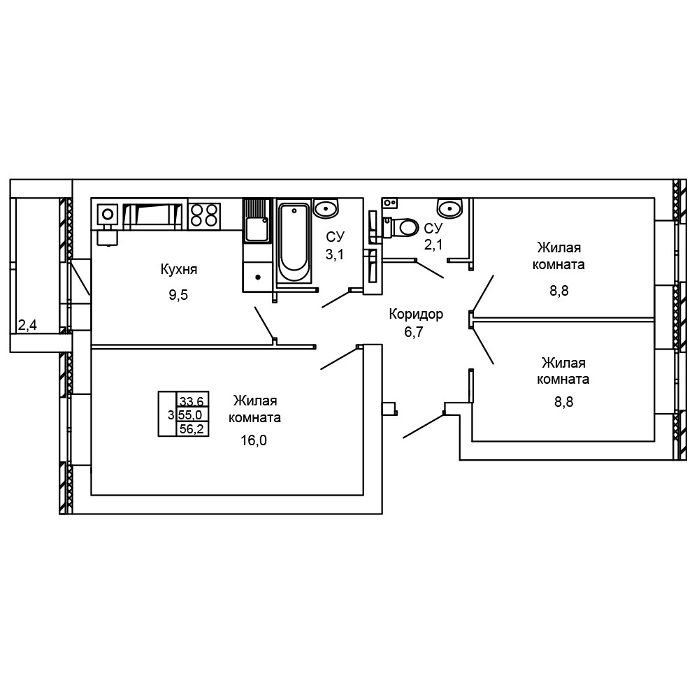 Квартира 109, 25, 56.2 м², 3 этаж