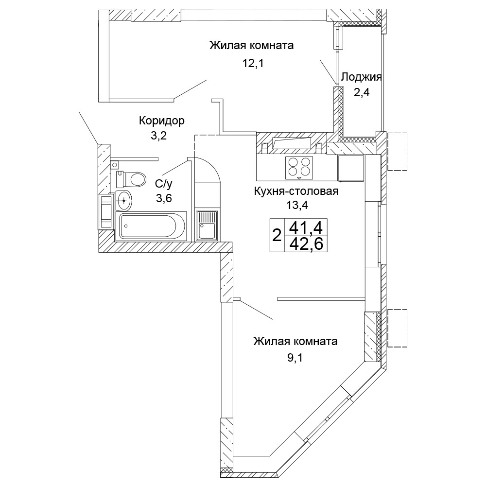 Квартира 356, 22, 42.6 м², 2 этаж