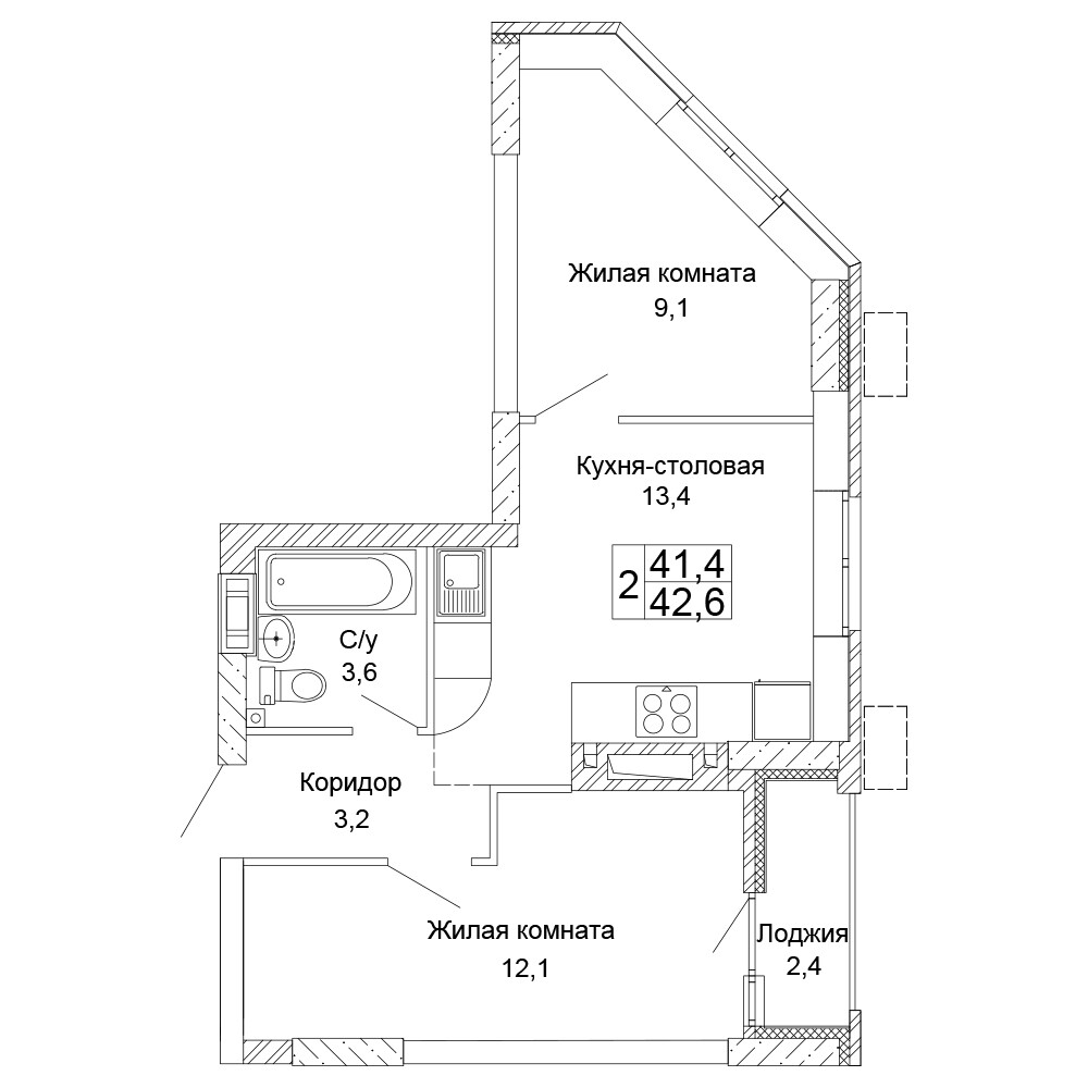 Квартира 52, 22, 42.6 м², 6 этаж