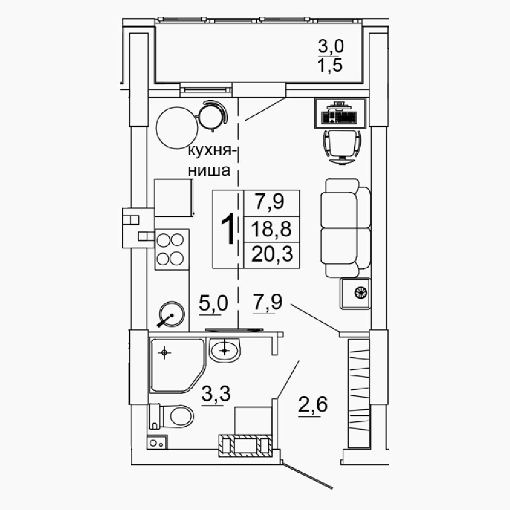 Квартира 4, 4, 20.3 м², 1 этаж