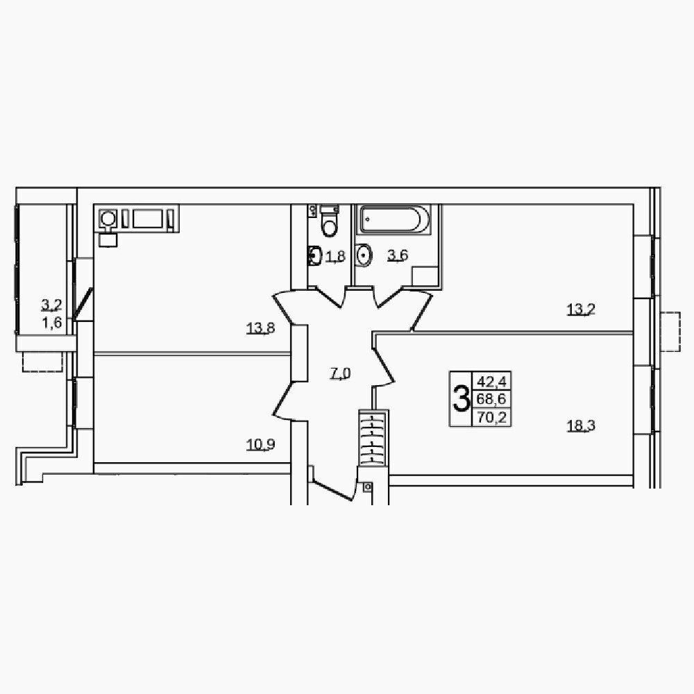 Квартира 172, 23, 70.2 м², 6 этаж