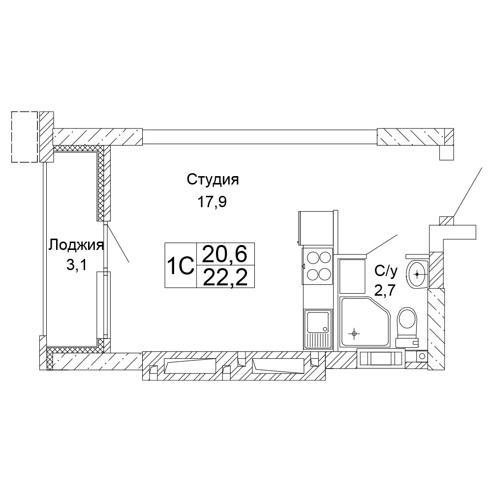 Квартира 101, 22, 22.2 м², 11 этаж