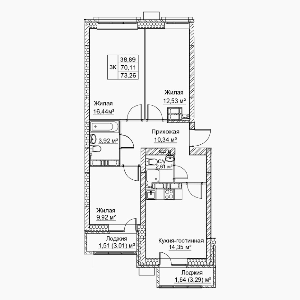 Квартира 267, 2(секция1,2,3), 73.3 м², 14 этаж