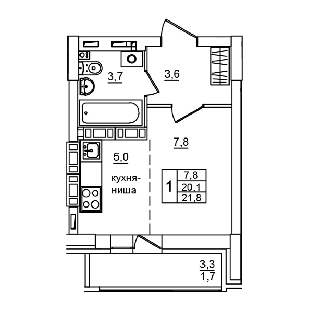 Квартира 232, 1, 21.8 м², 16 этаж