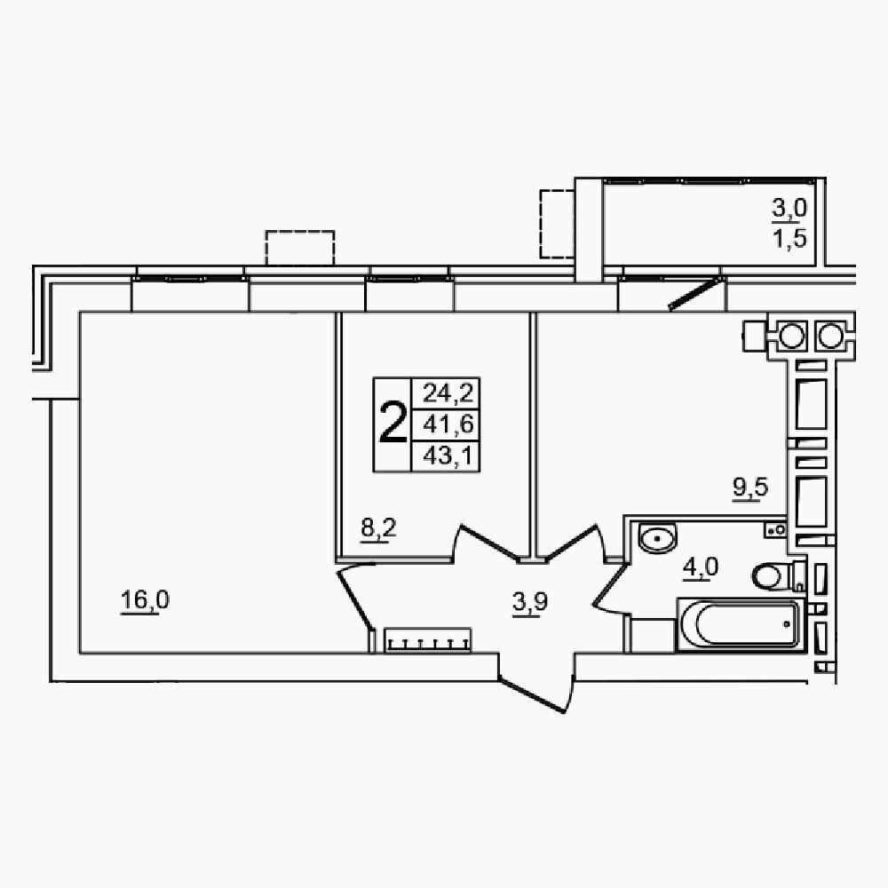 Квартира 111, 23, 43.1 м², 7 этаж