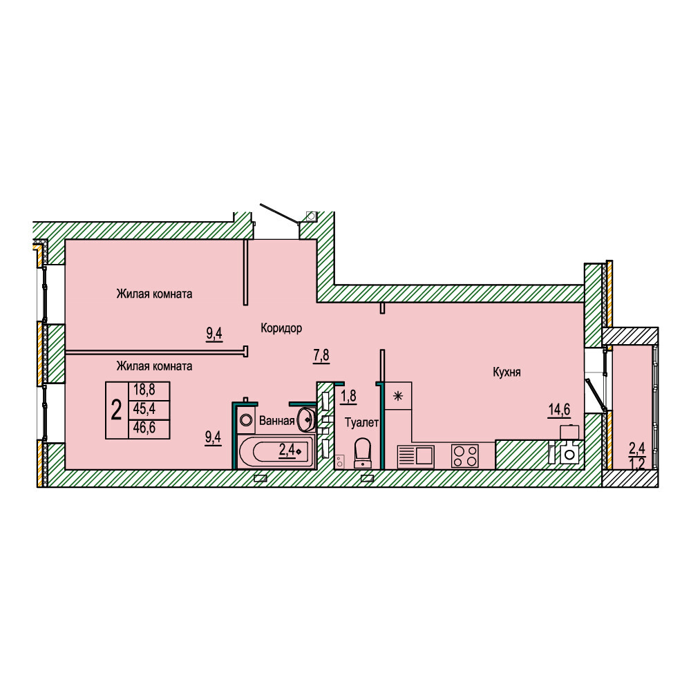 Квартира 193, 38, 46.6 м², 10 этаж