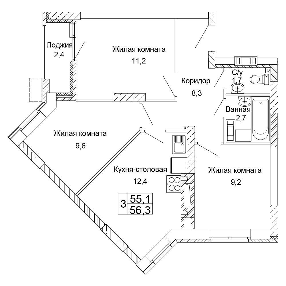 Квартира 351, 22, 56.3 м², 17 этаж