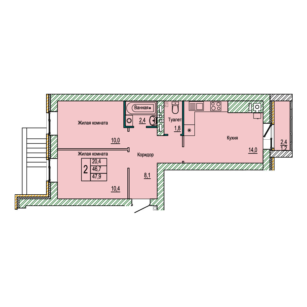 Квартира 98, 38, 47.9 м², 10 этаж