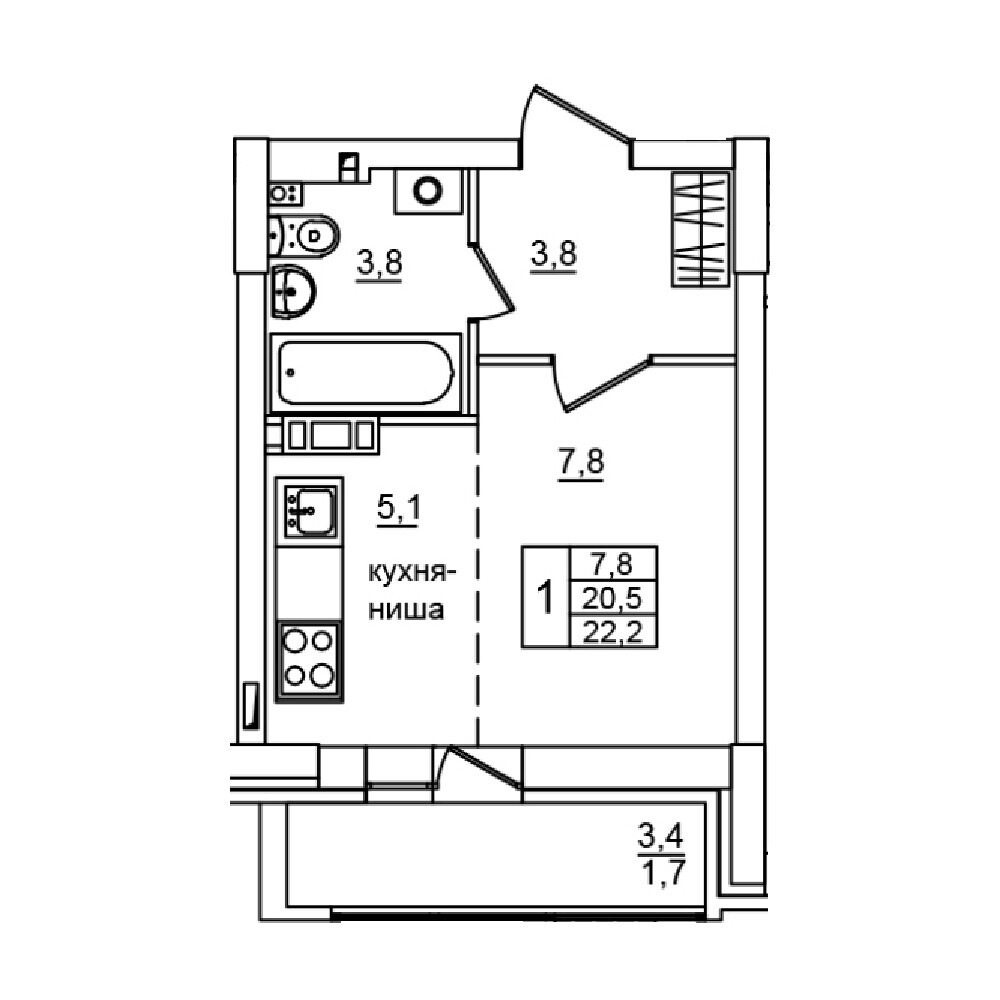 Квартира 162, 1, 22.2 м², 6 этаж