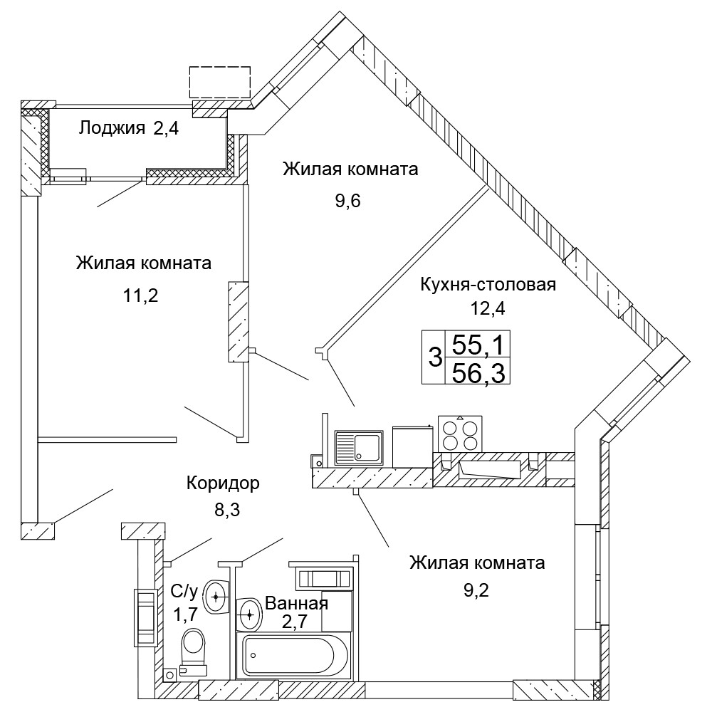 Квартира 497, 22, 56.3 м², 15 этаж