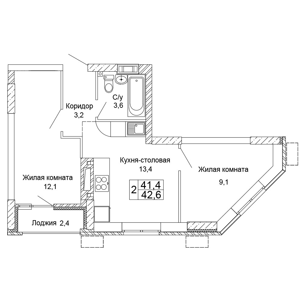Квартира 228, 22, 42.6 м², 6 этаж